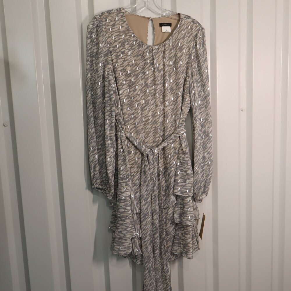 Halogen Womens Ruffle Knee Length Dress Silver Gray Tan Long Sleeve Size L NWT